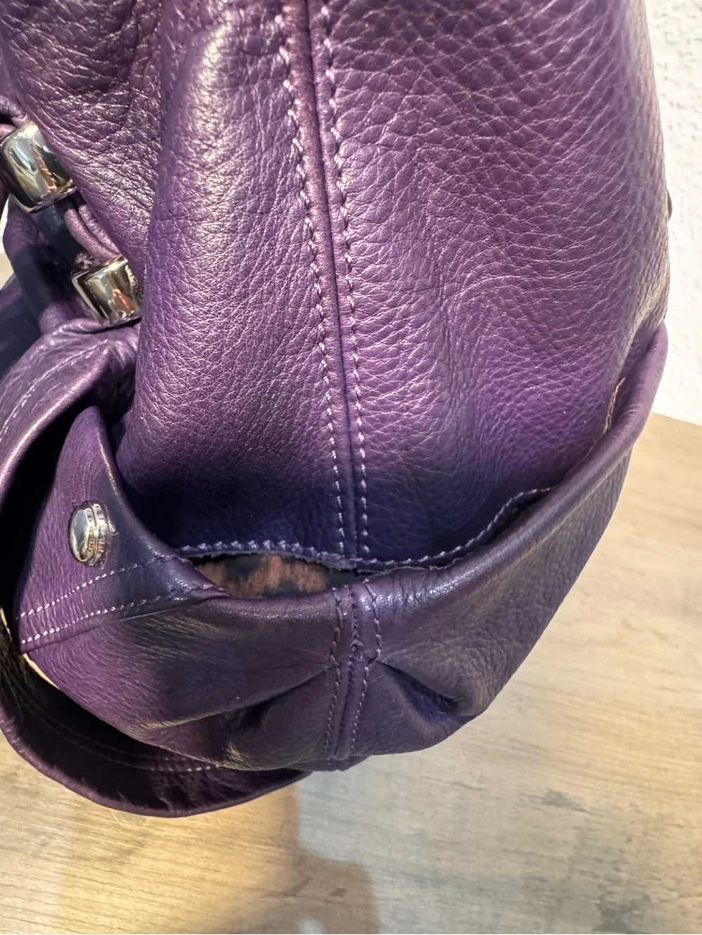 B Makowsky Purple Pebbled Leather Hobo Shoulder Bag Braided Handles Large - Picture 4 of 14